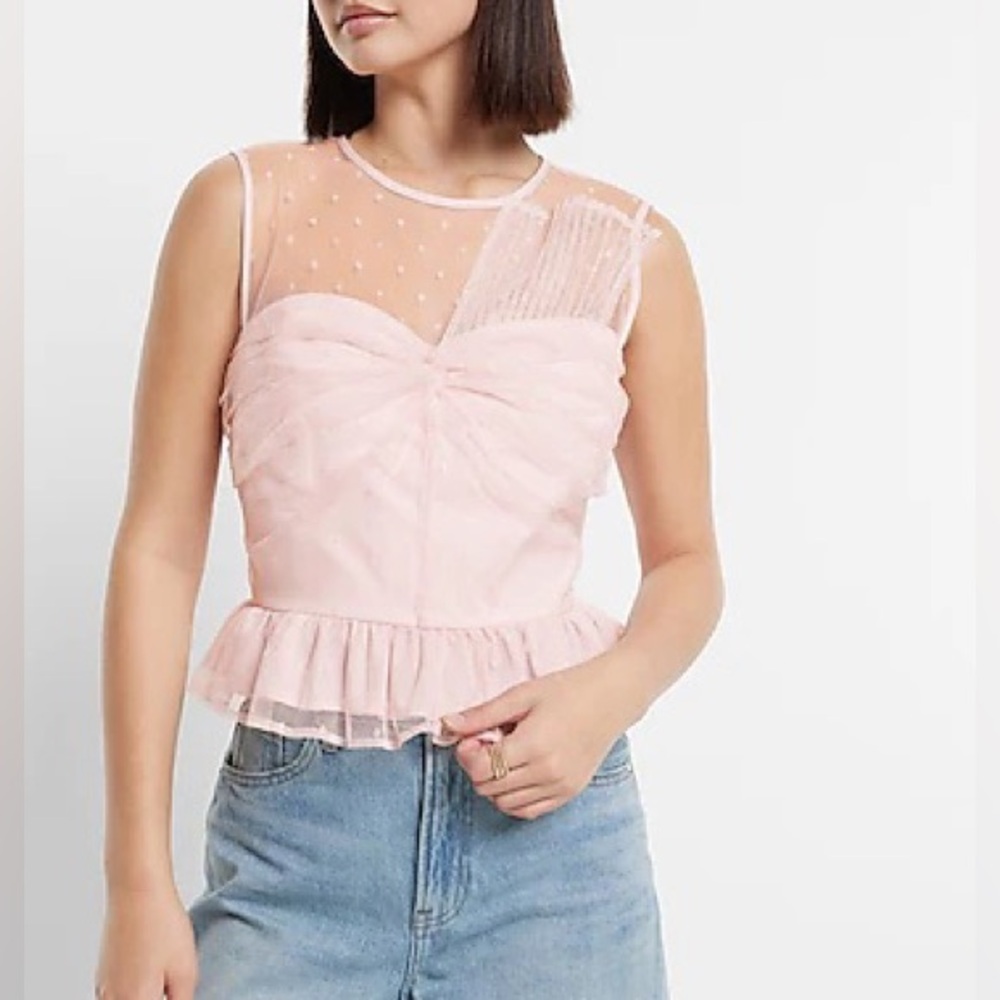 EXPRESS Tulle Polka Dot Twist Front Peplum Tank PINK - Picture 4 of 9